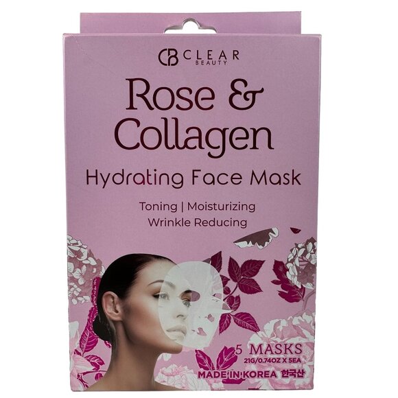 Clear Beauty Rose & Collagen Hydrating Face Mask Toning & Wrinkle‎ Reducing  NEW - Picture 1 of 6